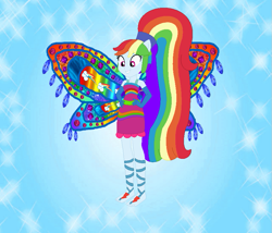 Size: 843x722 | Tagged: safe, artist:loladreamteam, artist:selenaede, artist:user15432, rainbow dash, fairy, human, equestria girls, g4, alternate hairstyle, barefoot, barely eqg related, base used, blue background, clothes, colored wings, crossover, dress, enchantix, fairy wings, fairyized, feet, female, gloves, gradient wings, hand on hip, long hair, multicolored wings, pink dress, ponied up, ponytail, rainbow dress, rainbow wings, simple background, smiling, solo, sparkly background, wings, winx, winx club, winxified