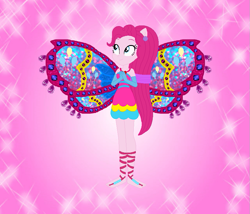 Size: 843x722 | Tagged: safe, artist:loladreamteam, artist:selenaede, artist:user15432, pinkie pie, fairy, human, equestria girls, g4, alternate hairstyle, barefoot, barely eqg related, base used, clothes, colored wings, crossover, ear piercing, earring, enchantix, fairy wings, fairyized, feet, female, gloves, gradient wings, hands together, jewelry, long hair, piercing, pink background, pink dress, pink wings, ponied up, ponytail, simple background, smiling, solo, sparkly background, wings, winx, winx club, winxified