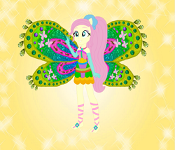 Size: 843x722 | Tagged: safe, artist:loladreamteam, artist:selenaede, artist:user15432, fluttershy, fairy, human, equestria girls, g4, alternate hairstyle, barefoot, barely eqg related, base used, clothes, colored wings, crossover, enchantix, fairy wings, fairyized, feet, female, gloves, gradient wings, long hair, peace sign, pink dress, ponied up, ponytail, simple background, smiling, solo, sparkly background, wings, winx, winx club, winxified, yellow background, yellow wings