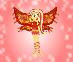 Size: 842x722 | Tagged: safe, artist:loladreamteam, artist:selenaede, artist:user15432, sunset shimmer, fairy, human, equestria girls, g4, alternate hairstyle, barefoot, barely eqg related, base used, clothes, colored wings, crossover, dress, enchantix, fairy wings, fairyized, feet, female, gloves, gradient wings, hand on hip, long hair, ponied up, red background, red dress, red wings, simple background, smiling, solo, sparkly background, wings, winx, winx club, winxified