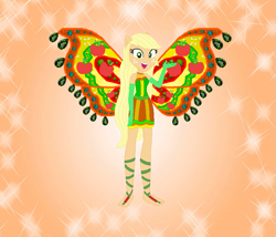 Size: 843x722 | Tagged: safe, artist:loladreamteam, artist:selenaede, artist:user15432, applejack, fairy, human, equestria girls, g4, alternate hairstyle, barefoot, barely eqg related, base used, clothes, colored wings, crossover, dress, enchantix, fairy wings, fairyized, feet, female, gloves, gradient wings, green dress, long hair, open mouth, orange background, orange wings, ponied up, simple background, solo, sparkly background, wings, winx, winx club, winxified