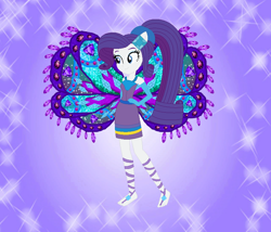 Size: 842x722 | Tagged: safe, artist:loladreamteam, artist:selenaede, artist:user15432, rarity, fairy, human, equestria girls, g4, alternate hairstyle, barefoot, barely eqg related, base used, clothes, colored wings, crossover, dress, enchantix, fairy wings, fairyized, feet, female, gloves, gradient wings, hand on hip, long hair, ponied up, ponytail, purple background, purple dress, purple wings, simple background, smiling, solo, sparkly background, wings, winx, winx club, winxified