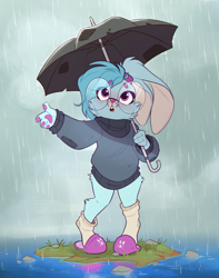 Size: 1490x1892 | Tagged: safe, artist:rexyseven, oc, oc only, oc:whispy slippers, rabbit, anthro, animal, barely pony related, bunnified, clothes, open mouth, rain, socks, solo, species swap, sweater, umbrella