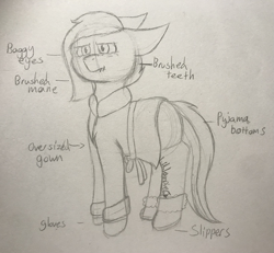 Size: 1007x932 | Tagged: safe, artist:lil_vampirecj, oc, oc only, oc:cj vampire, earth pony, pony, bags under eyes, clothes, ears back, label, sketch, solo, text, tired, traditional art