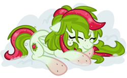 Size: 2280x1408 | Tagged: safe, artist:sjart117, oc, oc only, oc:watermelana, pony, cloud, female, freckles, gradient hooves, mare, simple background, sleeping, smiling, solo, transparent background