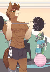 Size: 2800x4000 | Tagged: safe, artist:chapaevv, part of a set, oc, oc only, oc:iron aegis, oc:jade stonesetter, anthro, breasts, clothes, commission, drinking, exercise ball, female, gym, gym shorts, gym uniform, male, male nipples, muscles, muscular male, nipples, nudity, partial nudity, sweat, sweatdrops, topless, weight lifting, weights