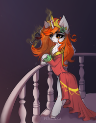 Size: 3136x4000 | Tagged: source needed, safe, artist:purlinka, oc, oc only, oc:freudensonne, pony, unicorn, alcohol, clothes, dress, jewelry, magic, regalia, solo, telekinesis, wine