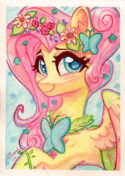 Size: 1471x2076 | Tagged: safe, artist:dandy, fluttershy, butterfly, pony, g4, blushing, butterfly hairpin, clothes, cute, dress, ear fluff, female, flower, flower in hair, gala dress, heart, heart eyes, looking at you, shyabetes, smiling, smiling at you, solo, traditional art, watercolor painting, wingding eyes