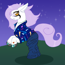 Size: 500x500 | Tagged: safe, oc, oc only, oc:mockery, earth pony, pony, amber eyes, bracelet, clothes, denim, digital art, earth pony oc, eyeliner, glasses, grass, grin, jeans, jewelry, long ears, looking at you, makeup, male, mane, necklace, night, night sky, pants, purple hair, purple mane, purple tail, rearing, round glasses, shadow, shirt, shoes, sky, smiling, solo, stallion, stars, tail, white fur