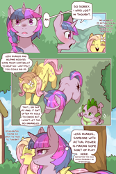 Size: 960x1440 | Tagged: safe, artist:cold-blooded-twilight, fluttershy, spike, twilight sparkle, dragon, pegasus, pony, unicorn, cold blooded twilight, comic:cold storm, g4, alternate design, blushing, comic, dialogue, eyes closed, female, flower, flower in hair, mare, open mouth, open smile, smiling, speech bubble, thought bubble, unicorn twilight