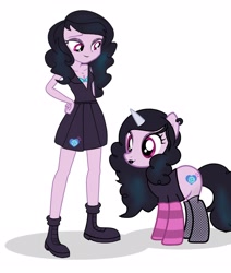 Size: 2285x2694 | Tagged: safe, artist:sarahthefox97, izzy moonbow, human, pony, unicorn, equestria girls, g4, g5, bra, breasts, clothes, dress, female, goth, goth izzy, high res, long socks, makeup, self paradox, self ponidox, simple background, socks, solo, striped socks, underwear, white background