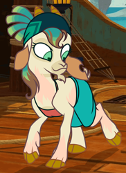 Size: 1990x2735 | Tagged: safe, alternate version, artist:anonymous, edit, shanty (tfh), them's fightin' herds, /ptfg/, cloven hooves, community related, female, human to goat, human to goatani, mid-transformation, pirate, rope, show accurate, the capricorn (tfh), transformation