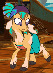 Size: 1990x2735 | Tagged: safe, alternate version, artist:anonymous, edit, shanty (tfh), them's fightin' herds, /ptfg/, cloven hooves, community related, female, human to goat, human to goatani, mid-transformation, pirate, rope, show accurate, the capricorn (tfh), transformation