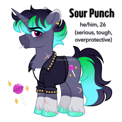 Size: 2300x2300 | Tagged: safe, artist:pink-pone, oc, oc only, oc:sour punch, pony, unicorn, candy, chest fluff, clothes, coat markings, colored hooves, ear fluff, ear piercing, earring, food, gradient mane, gradient tail, high res, hoof polish, jacket, jewelry, lollipop, male, piercing, pronouns, scar, simple background, socks (coat markings), solo, stallion, standing, tail, transparent background, unshorn fetlocks