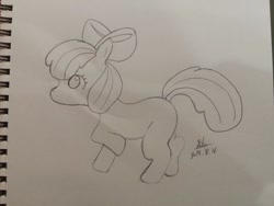 Size: 1032x774 | Tagged: safe, artist:kiho_cp, apple bloom, earth pony, pony, g4, female, filly, foal, notebook, photo, solo, traditional art