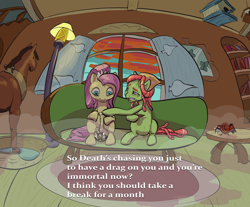 Size: 3310x2744 | Tagged: safe, artist:ciborgen, fluttershy, tree hugger, bird, earth pony, horse, pegasus, pony, comic:fluttershy and her problem with death, g4, bong, drugs, duo, female, fisheye lens, flutterhigh, fluttershy's cottage, gritted teeth, high, high res, horse collar, joint, mare, marijuana, older, older fluttershy, sitting, smoke, teeth, text, tree stoner