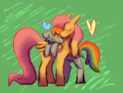 Size: 2224x1668 | Tagged: safe, artist:tis_ducky, fluttershy, rainbow dash, pegasus, pony, g4, blushing, cuddling, duo, eyes closed, female, heart, hug, lesbian, ship:flutterdash, shipping, tallershy