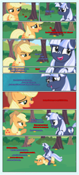 Size: 1919x4225 | Tagged: safe, artist:estories, applejack, oc, oc:silverlay, earth pony, original species, pony, umbra pony, unicorn, comic:a(pple)ffection, g4, apple, apple tree, applejack's hat, canon x oc, comic, cowboy hat, duo, eyes closed, female, food, freckles, hat, intertwined trees, lesbian, mare, marriage proposal, open mouth, pear tree, rock, shipping, silverjack, tree, uvula, vector
