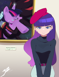 Size: 1000x1300 | Tagged: safe, artist:aetherionart, rarity, twilight sparkle, human, pony, unicorn, alternate hairstyle, art gallery, beatnik rarity, beret, breasts, clothes, crossover, crossover shipping, crying, ear piercing, earring, female, hat, humanized, jewelry, looking at you, male, mare, piercing, shadow the hedgehog, shadtwi, shipping, solo, sonic the hedgehog (series), straight, sweater