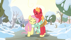 Size: 1920x1080 | Tagged: safe, edit, edited screencap, screencap, big macintosh, fluttershy, earth pony, pegasus, pony, g4, the perfect pear, blushing, character swap, clothes, cute, duo, eyes closed, female, height difference, macabetes, male, mare, scarf, shared clothing, shared scarf, ship:fluttermac, shipping, shyabetes, smiling, snow, snowfall, stallion, straight, striped scarf, tree, walking, winter