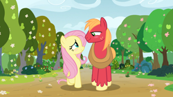 Size: 1920x1080 | Tagged: safe, edit, edited screencap, screencap, big macintosh, fluttershy, earth pony, pegasus, pony, g4, the perfect pear, apple, apple tree, blushing, character swap, duo, female, flower, height difference, looking at each other, looking at someone, male, mare, pear tree, ship:fluttermac, shipping, smiling, smiling at each other, spring, stallion, straight, tree, walking