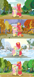 Size: 1920x4320 | Tagged: safe, edit, edited screencap, screencap, big macintosh, fluttershy, earth pony, pegasus, pony, g4, the perfect pear, apple, apple tree, autumn, blushing, character swap, clothes, eyes closed, falling leaves, female, flower, food, height difference, leaves, looking at each other, looking at someone, looking at you, male, mare, pear tree, scarf, seasons, sequence, shared clothing, shared scarf, ship:fluttermac, shipping, smiling, smiling at each other, smiling at you, snow, snowfall, spring, stallion, straight, striped scarf, summer, tree, walking, winter