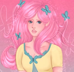 Size: 1852x1805 | Tagged: safe, artist:impishokuu, fluttershy, butterfly, human, g4, clothes, eyeshadow, female, humanized, lipstick, makeup, pink background, shirt, simple background, solo