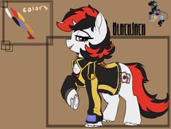 Size: 1600x1200 | Tagged: safe, artist:brainiac, oc, oc:blackjack, pony, unicorn, fallout equestria, fallout equestria: project horizons, fanfic art, female, horn, mare, pipbuck, raised hoof, reference sheet, small horn, solo