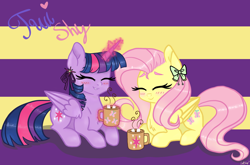 Size: 3000x1975 | Tagged: safe, artist:lostsheep, fluttershy, twilight sparkle, alicorn, pegasus, pony, g4, blushing, chocolate, duo, duo female, eyes closed, female, folded wings, food, glowing, glowing horn, horn, hot chocolate, lesbian, levitation, magic, magic aura, marshmallow, mug, ship:twishy, shipping, telekinesis, twilight sparkle (alicorn), wings