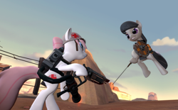 Size: 3145x1944 | Tagged: safe, artist:xafilah, nurse redheart, octavia melody, earth pony, pony, g4, 3d, bipedal, demoknight, demoman, demoman (tf2), gmod, helmet, hoof hold, medic, medic (tf2), medigun, shield, solo, source filmmaker, sword, team fortress 2, weapon