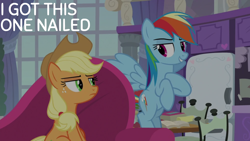 Size: 1920x1080 | Tagged: safe, edit, edited screencap, editor:quoterific, screencap, applejack, rainbow dash, earth pony, pegasus, pony, g4, non-compete clause, applejack is not amused, applejack's hat, boasting, cocky, confident, cowboy hat, duo, duo female, female, flying, freckles, frown, grin, hat, hoof on chest, looking at each other, looking at someone, mare, school of friendship, smiling, unamused