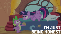 Size: 1920x1080 | Tagged: safe, edit, edited screencap, editor:quoterific, screencap, spike, twilight sparkle, alicorn, dragon, pony, g4, inspiration manifestation, angry, bed, dishevelled, duo, duo male and female, female, frown, golden oaks library, male, mare, messy mane, pillow, shrug, smiling, twilight sparkle (alicorn), twilight sparkle is not amused, unamused, window