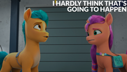 Size: 2000x1125 | Tagged: safe, edit, edited screencap, editor:quoterific, screencap, hitch trailblazer, sunny starscout, earth pony, pony, g5, hoof done it?, my little pony: make your mark, my little pony: make your mark chapter 2, spoiler:my little pony: make your mark, spoiler:my little pony: make your mark chapter 2, spoiler:mymc02e07, bag, duo, duo male and female, female, fluttershy's cutie mark, gritted teeth, looking at someone, looking up, male, mane stripe sunny, mare, pale belly, rainbow dash's cutie mark, saddle bag, stallion, teeth, tempting fate, twilight sparkle's cutie mark, worried