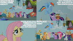 Size: 2000x1125 | Tagged: safe, edit, edited screencap, editor:quoterific, screencap, applejack, fluttershy, owlowiscious, pinkie pie, rainbow dash, rarity, twilight sparkle, bird, earth pony, owl, pegasus, pony, unicorn, g4, owl's well that ends well, applejack's hat, bowtie, confused, cowboy hat, eyes closed, female, flying, golden oaks library, gritted teeth, hat, implied spike, male, mane six, mare, open mouth, open smile, smiling, teeth, unicorn twilight