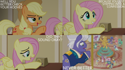 Size: 2000x1125 | Tagged: safe, edit, edited screencap, editor:quoterific, screencap, applejack, flam, flim, fluttershy, gladmane, trapeze star, earth pony, pegasus, pony, unicorn, g4, viva las pegasus, brothers, caught, confession, female, flim flam brothers, flying, grin, intercom, male, mare, oh crap, open mouth, open smile, palindrome get, siblings, smiling, spread wings, stallion, unamused, wings
