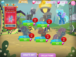 Size: 2048x1536 | Tagged: safe, gameloft, bow hothoof, candy cloud, monsoon season, rolling thunder, short fuse, storm chaser, swift vanilla, updraft, pegasus, pony, g4, my little pony: magic princess, aviator goggles, background character, background pony, clothes, coin, collection, english, folded wings, gem, goggles, group, mobile game, numbers, sale, spread wings, text, the washouts, timer, uniform, unshorn fetlocks, washouts uniform, wings, wonderbolts, wonderbolts uniform