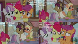 Size: 2000x1125 | Tagged: safe, edit, edited screencap, editor:quoterific, screencap, apple bloom, mane allgood, scootaloo, snap shutter, sweetie belle, earth pony, pegasus, pony, unicorn, g4, the last crusade, apple bloom's bow, bow, crying, cutie mark crusaders, despair, female, filly, foal, frown, hair bow, male, mare, open mouth, open smile, reassurance, sad, scootaloo's parents, scootasad, smiling, stallion