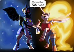 Size: 2000x1400 | Tagged: safe, artist:scotchhideyoshi, daybreaker, nightmare moon, oc, alicorn, human, pony, g4, clothes, commission, dialogue, duo, ethereal mane, female, human oc, human to pony, looking at each other, looking at someone, male to female, mane of fire, mid-transformation, royal sisters, rule 63, siblings, sisters, speech bubble, starry mane, starry tail, tail, tail of fire, torn clothes, transformation, transgender, transgender transformation