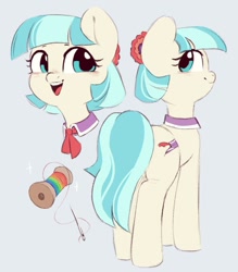 Size: 936x1068 | Tagged: safe, artist:melodylibris, coco pommel, earth pony, pony, bust, cocobetes, cute, female, full body, happy, mare, open mouth, open smile, sewing needle, simple background, smiling, solo