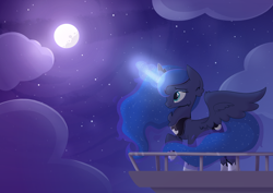 Size: 2970x2100 | Tagged: safe, artist:candy meow, princess luna, alicorn, pony, g4, canterlot, canterlot castle, cloud, crown, female, glowing, glowing horn, high res, horn, jewelry, magic, mare, moon, night, raised hoof, regalia, solo, spread wings, stars, wings