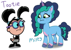 Size: 3066x2160 | Tagged: safe, misty brightdawn, human, pony, unicorn, g5, my little pony: tell your tale, cartoon, character, crossover, digital art, digitizing art, drawing, duo, duo female, fanart, female, glasses, high res, meeting, simple background, text, the fairly oddparents, tootie, transparent background, updated