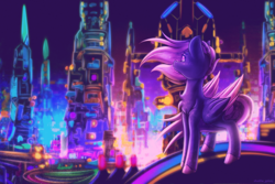 Size: 4000x2667 | Tagged: safe, artist:shad0w-galaxy, oc, oc only, oc:shadow galaxy, pegasus, pony, chest fluff, city, cyberpunk, ethereal mane, female, folded wings, high res, hooves, looking away, mare, neon, solo, starry eyes, starry mane, unshorn fetlocks, wingding eyes, wings