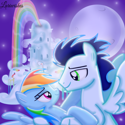 Size: 1300x1300 | Tagged: safe, artist:mlplary6, rainbow dash, soarin', pegasus, pony, g4, boyfriend and girlfriend, duo, female, holding, looking at each other, looking at someone, love, male, mare, moon, moonlight, rainbow dash's house, romantic, ship:soarindash, shipping, smiling, smiling at each other, stallion, straight