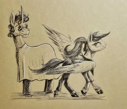 Size: 2830x2418 | Tagged: safe, artist:cahandariella, oc, pegasus, pony, unicorn, clothes, duo, fanfic art, high res, ink drawing, inktober, shipping, sketch, sternocleidomastoid, traditional art