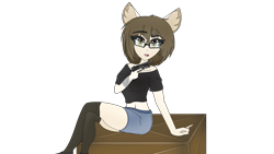 Size: 3840x2160 | Tagged: safe, artist:straighttothepointstudio, oc, oc only, earth pony, anthro, g5, 4k, anime, anthro oc, bandage, beretta, box, brown hair, clothes, crate, crossed legs, digital art, ear fluff, earth pony oc, eyebrows, female, glasses, gun, handgun, high res, looking at you, m9, open mouth, orange eyes, pistol, raised eyebrow, shirt, short hair, shorts, simple background, solo, stockings, thigh highs, transparent background, weapon