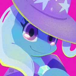 Size: 1250x1244 | Tagged: safe, artist:talimingi, trixie, pony, unicorn, g4, brooch, bust, cape, clothes, female, hat, jewelry, looking at you, mare, pink background, portrait, signature, simple background, smiling, smiling at you, solo, trixie's brooch, trixie's cape, trixie's hat