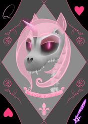 Size: 2480x3508 | Tagged: safe, artist:seizachan, oc, oc only, pony, skeleton pony, unicorn, bone, bust, card, female, glowing, glowing eyes, glowing horn, high res, horn, looking at you, magic, magic aura, mare, portrait, skeleton, solo