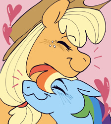 Size: 1700x1900 | Tagged: safe, artist:macrumbs, applejack, rainbow dash, g4, colored, eyes closed, female, hat, heart, lesbian, nuzzling, ship:appledash, shipping, simple background