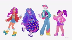 Size: 2048x1145 | Tagged: safe, artist:iksiudodi_, izzy moonbow, pipp petals, sunny starscout, zipp storm, human, equestria girls, g4, g5, backpack, bag, boots, braid, chubby, clothes, curly hair, denim, dress, female, floral head wreath, flower, glasses, height difference, high heels, humanized, jacket, jeans, kneesocks, midriff, pants, purse, roller skates, shoes, shorts, simple background, skates, skinny, skirt, sneakers, socks, tall, thin, wavy hair, white background