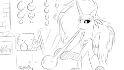 Size: 1920x1080 | Tagged: safe, artist:truffle shine, daybreaker, alicorn, pony, g4, bandana, broken glass, clothes, cmc world conquest timeline, fire, fireplace, fish bowl, glass, gloves, simple background, sketch, solo, vase, white background